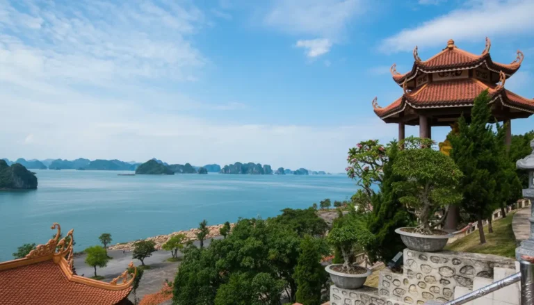 Cai Bau Pagoda exterior nestled in the mountainside, overlooking the coast in Quang Ninh, Vietnam.